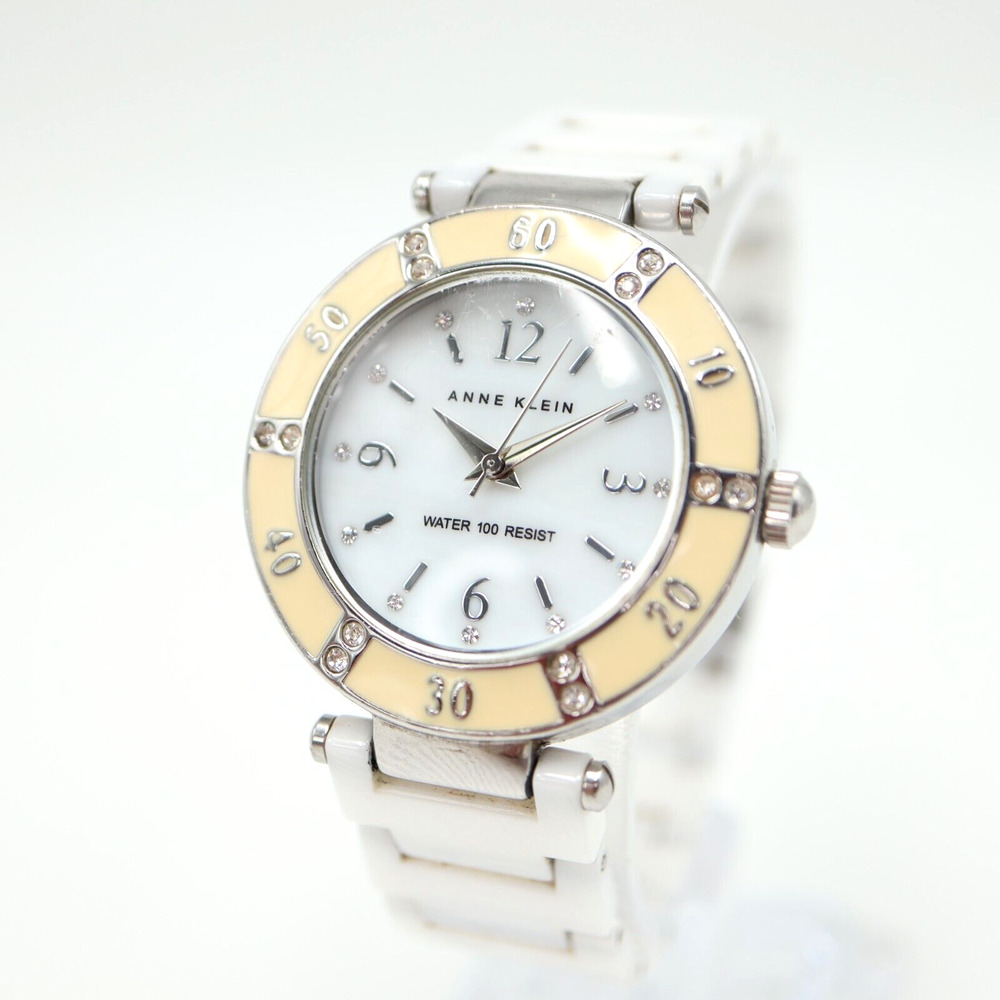 Anne Klein Watch Women 32mm Silver Tone White MOP Ceramic Band New Battery 5.75"
